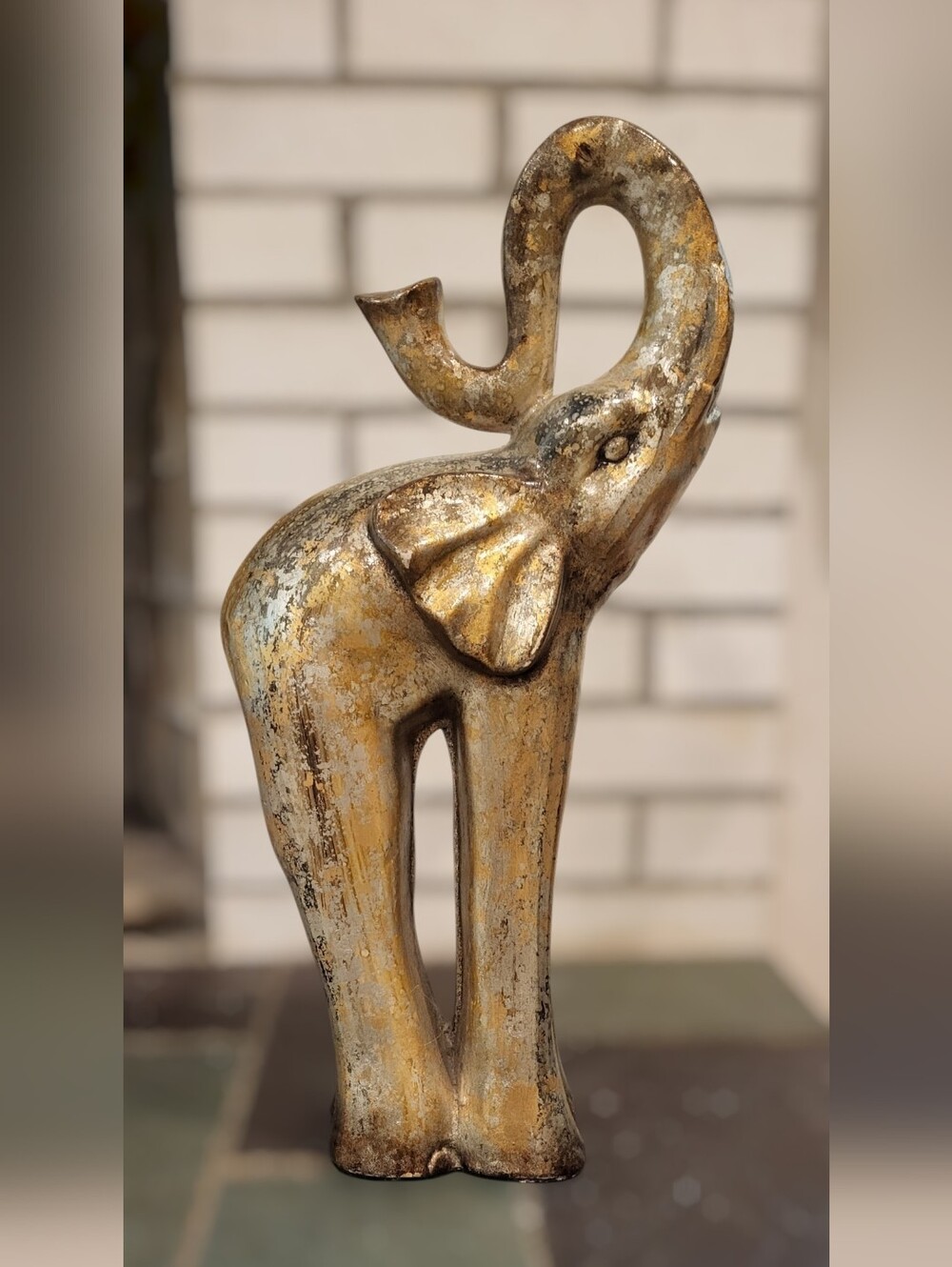 Vintage Distressed Patina Ceramic Trumpeting Elephant Statue.